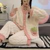 Women's Autumn & Winter Jacquard Coral Fleece Pajamas, Cute V-Neck Cardigan, Thick & Cozy Home Wear