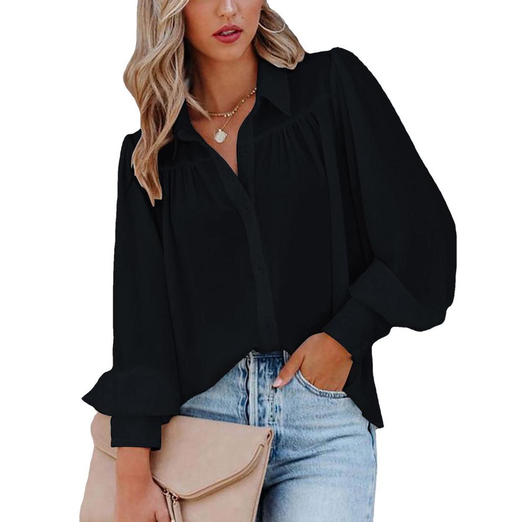 Women's Long Sleeve Ruched Stand Collar Lantern Sleeve Shirt