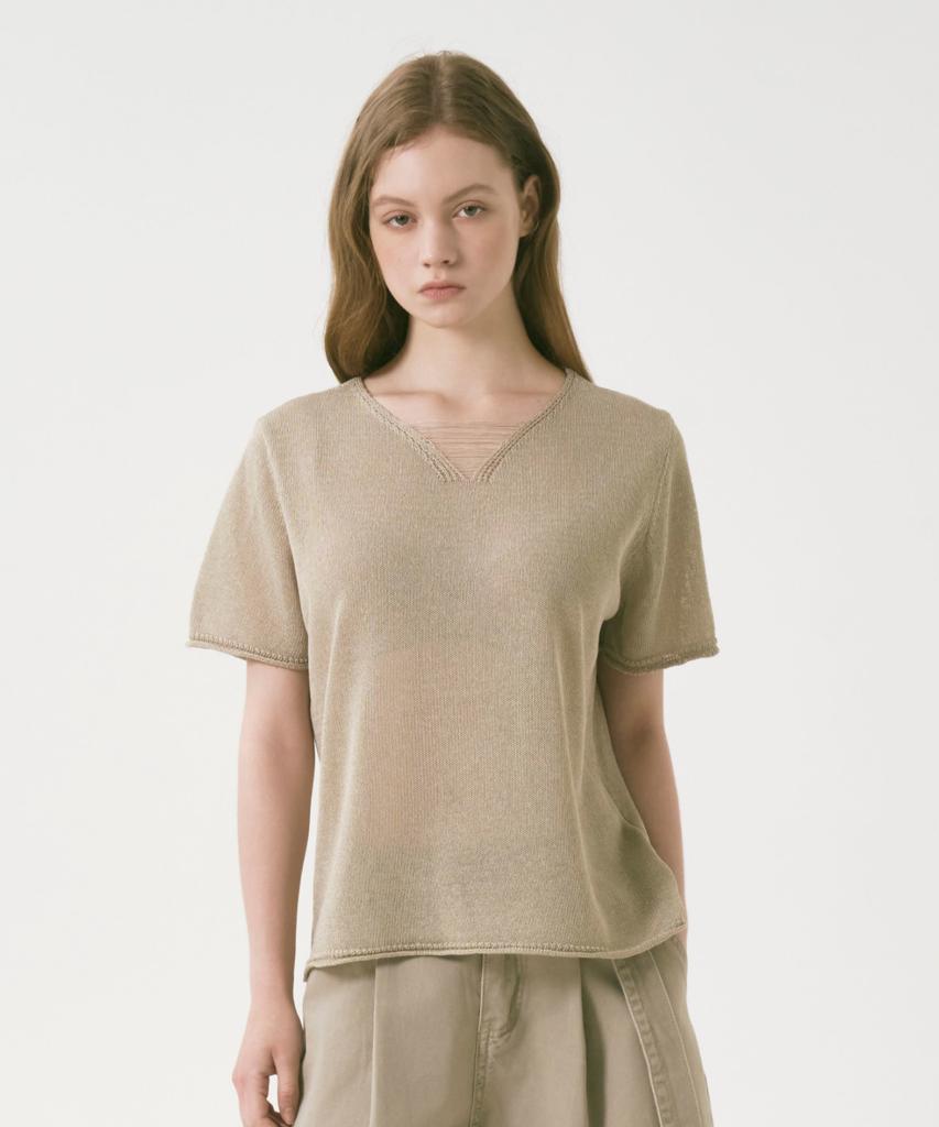 OCCUR Cooling Linen Lyocell Blended V-Neck Short Sleeve Knit, Light Khaki