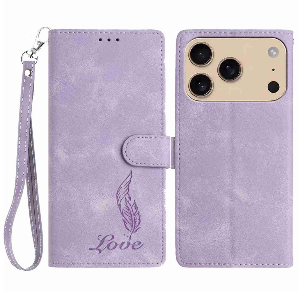 For iPhone 17 Pro Case Imprinted Feather PU Leather Wallet Phone Cover with Wrist Strap