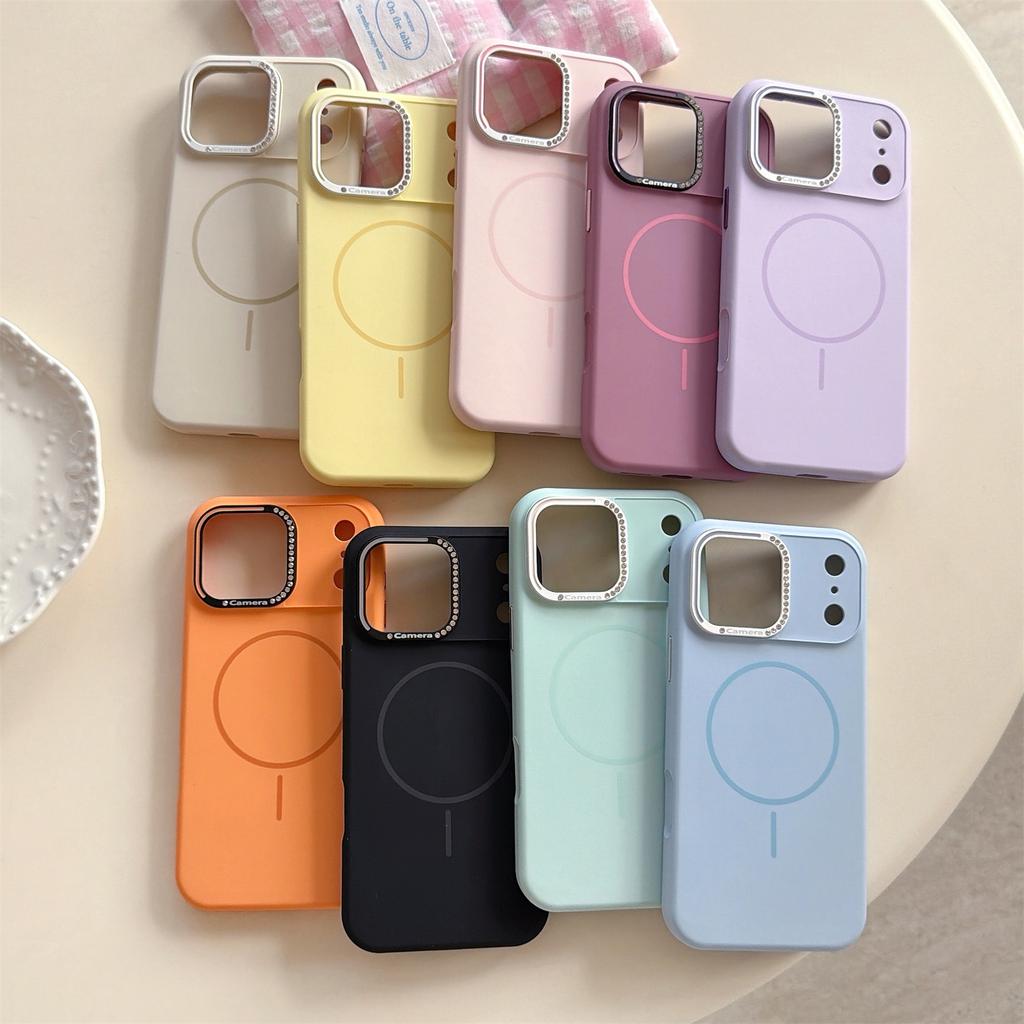 For iPhone 17 Pro Case Compatible with MagSafe Rhinestone Decor Lens Frame Silicone Phone Cover