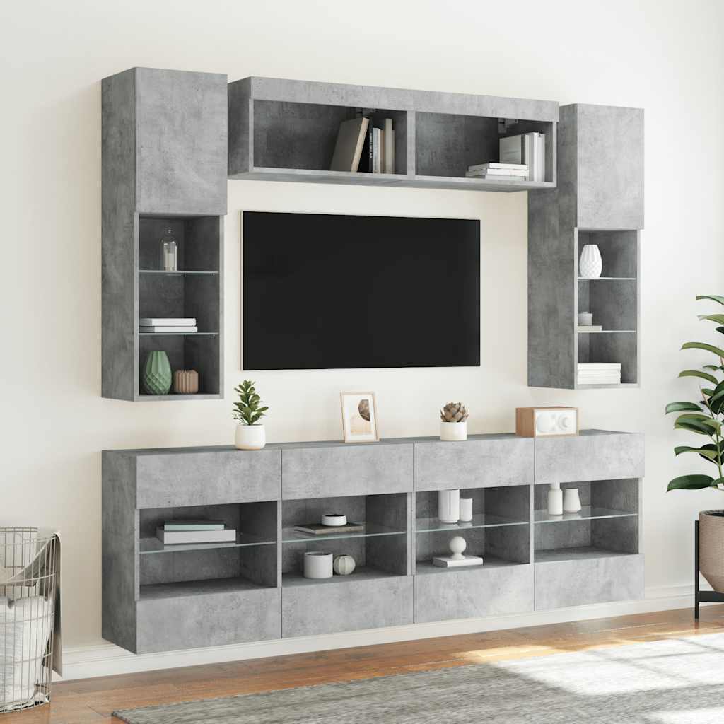 6 piece TV wall unit with LED lighting concrete grey