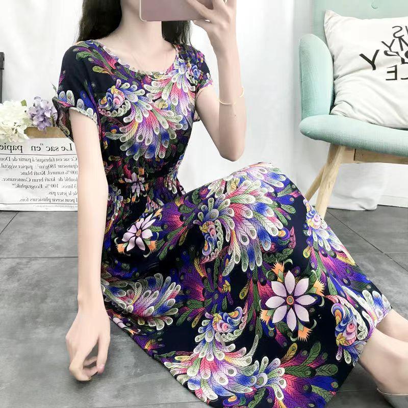 Летнее платье из хлопка и шелка в этническом стиле с цветочным принтом, модное элегантное платье больших размеров с короткими рукавами и средней длиной