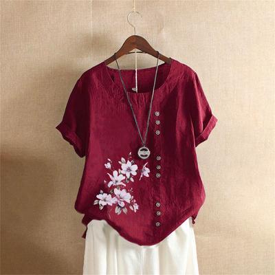 Женская хлопково-льняная футболка с круглым вырезом, коротким рукавом и пуговицами, футболка с принтом