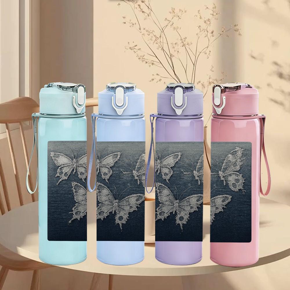 1PC Dark Board Butterfly Etching Art 750ml Color Plastic Sports Water Bottle Leakproof Flip Straw Lid For Sports Office Home Use