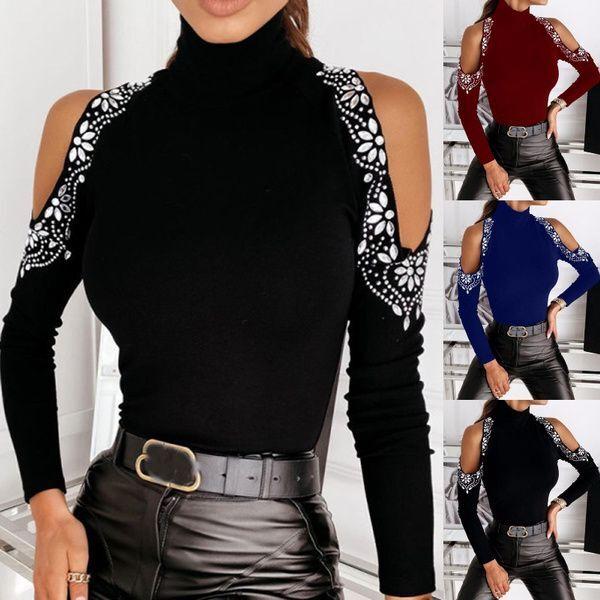 Women's Plus Size Top Sequin Splicing Feather Print Off-the-shoulder Long Sleeve T-shirt Woman