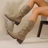 Autumn Foreign Trade New Large Size Thick Heel Medium Tube Stacking Boots Women's Cross-border Medium Heel Foot Cuff Square Head Suede Knight Boots
