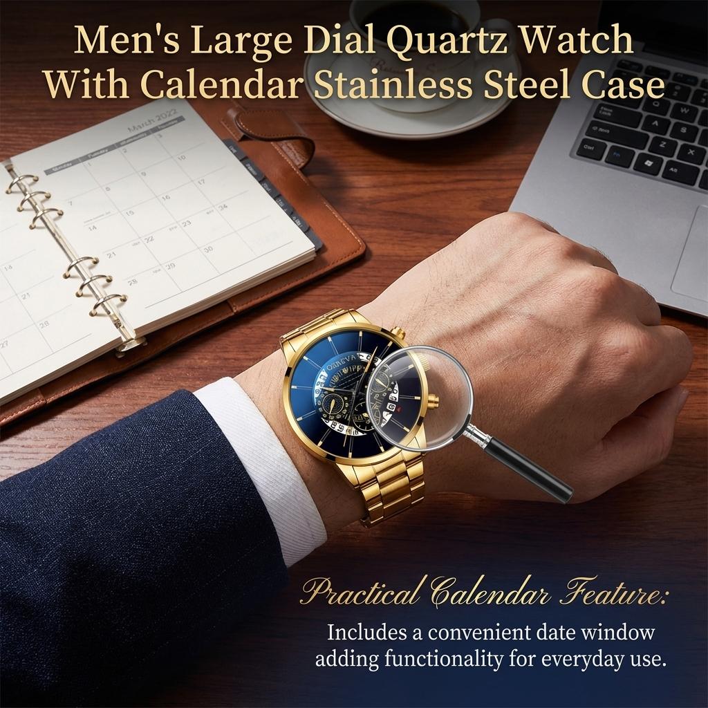 Men's Large Dial Watch With Calendar Stainless Steel Case for Business Meeting Dating