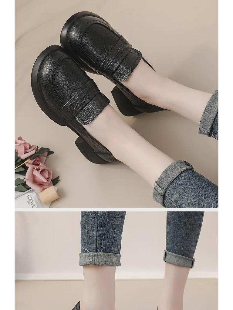 Women's Retro Loafers: Spring/Autumn Genuine Cowhide, Mid-Heel, Thick-Soled, Platform Leather Shoes