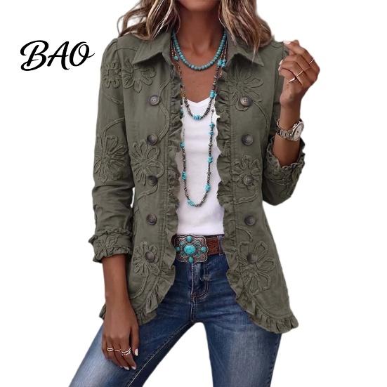 Office Wear Jackets Women Bohemia Floral Jacket, Turndown Collar Ruffled Open Front Coat, Ladies Lightweight Outerwear Slim Fit Casual Long