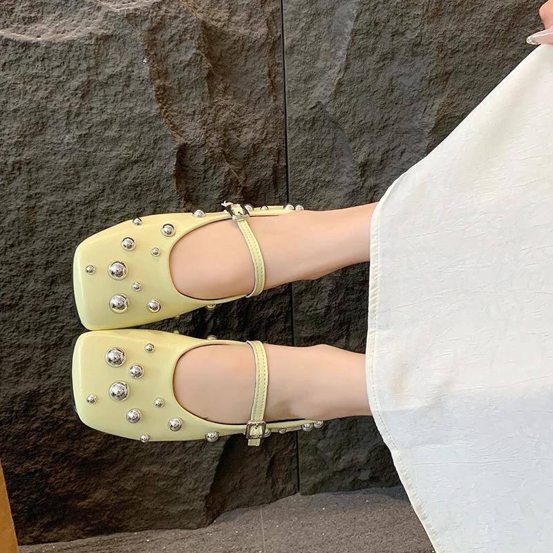 Fashion Square Toe Studded Flats Women's Autumn New Shallow Slip Strap Soft Sole Non-Slip Low-Top Single Shoes