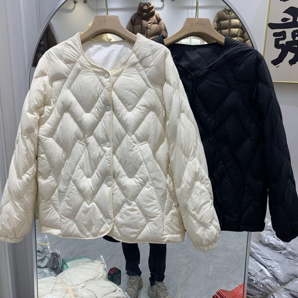 Rhombus down jacket women's short autumn and winter design sense small versatile light and thin collarless fashion crew neck jacket