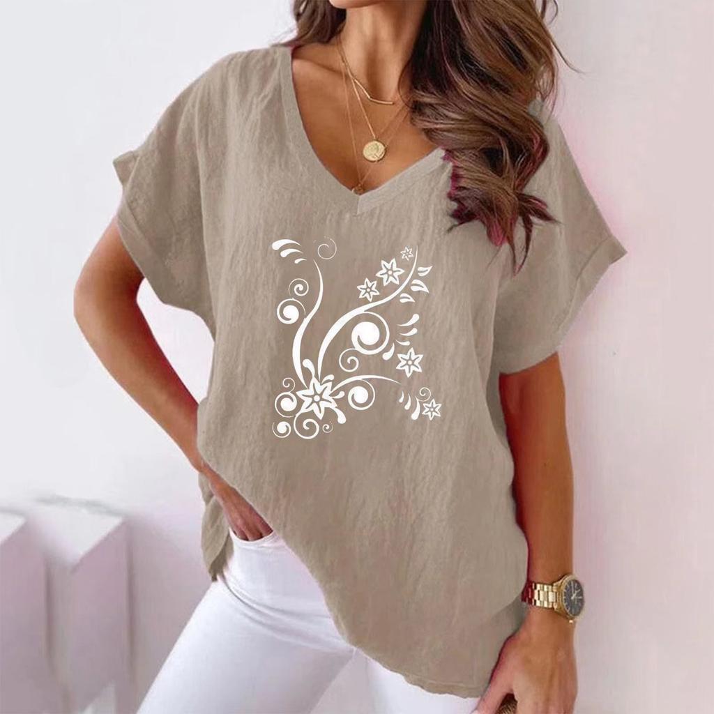 Лето 2023, женская повседневная хлопковая конопляная футболка с v-образным вырезом и цветочным принтом, футболка с короткими рукавами и летучей мышью