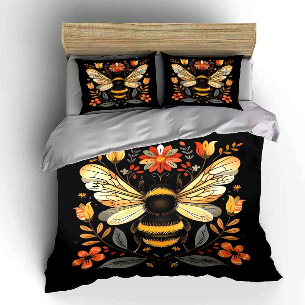 Golden Bee Floral Design Bedding Duvet Cover Set (1*Duvet Cover 2*Pillowcases, without duvet insert)