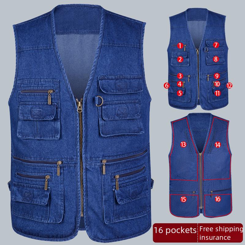 Мужской джинсовый жилет для рыбалки с V-образным вырезом и несколькими карманами