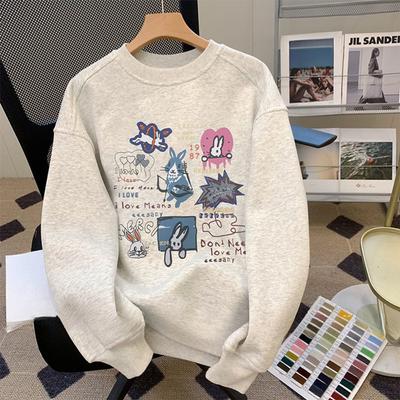 Серый круглый вырез толстовка для женщин осень и зима плюс бархат новый тонкий ретро-пуловер в стиле Гонконга