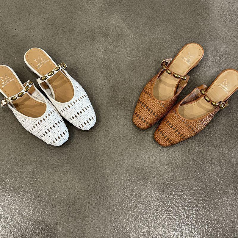 Французские плетеные полые сандалии с закрытым носком, женские летние новинки, толстый каблук, необычный зарубежный стиль, повседневные шлепанцы с ремешком через подъем