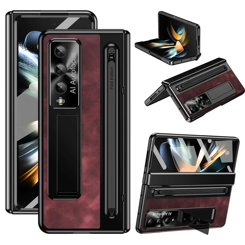 Luxury Leather Bracket Pen Slot with Stylus Case for Samsung Galaxy Z Fold 6 5 4 Retro Style Count Hinge Seismic Protect Cover