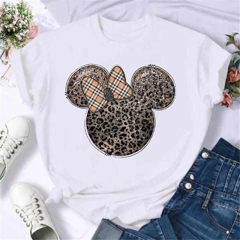 Disney Мода Микки Маус Леопардовая Голова Минни Футболка Женская Футболка Мультяшный Графический Принт Футболка Стритвир Мужские Топы Одежда