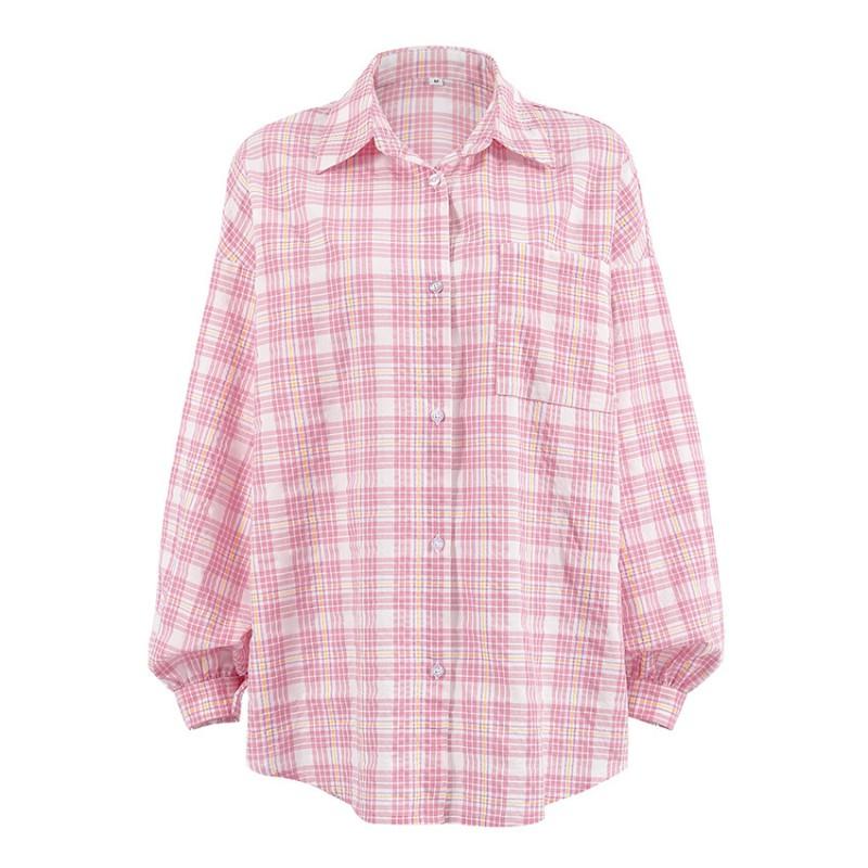 Womens Oversized Pink Plaid Shirt Loose Long Sleeve Button-Up Top Casual Streetwear
