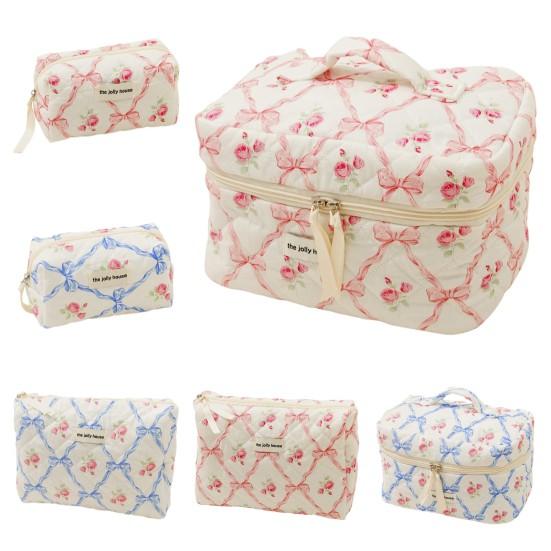 Сумка большой емкости на молнии с принтом розы и бантом, хлопковая стеганая портативная легкая губная помада, коричневый карандаш, кисточка для макияжа