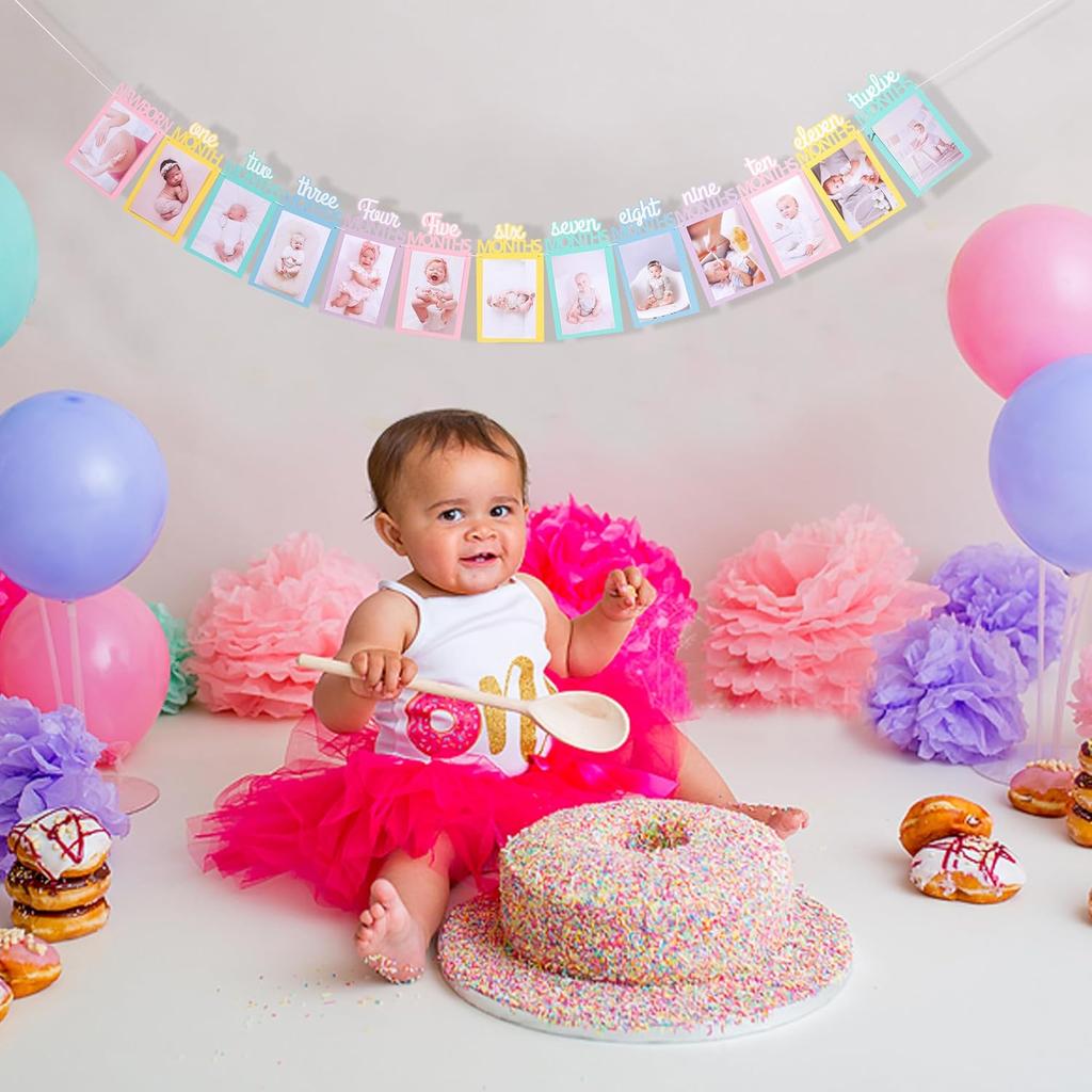 Rainbow Girls 1st Birthday Decorations - Colorful 1 To 12 Months Photo Banner,Newborn Monthly Milestone Photos,Baby Girl First Year Rainbow Themed