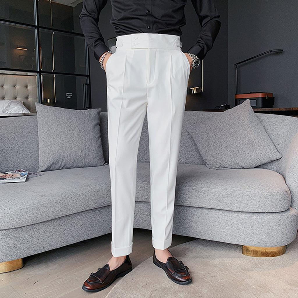 Solid Color High Waisted Pants For Men, Straight Tube Naples Casual Business Italian  Buttoned Long Suit Pants For Men