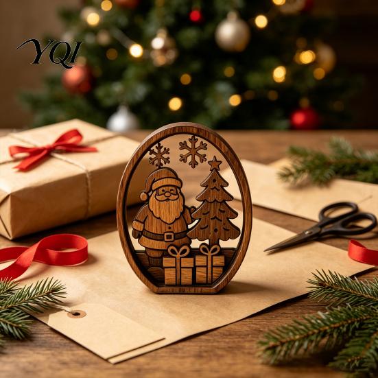 Unique Holiday Gift Ideas 3Pcs Christmas Santa Claus And Tree Ornaments, Wooden Oval Table Mantel Decorations Centerpiece, Solid Wood Desktop Ornament