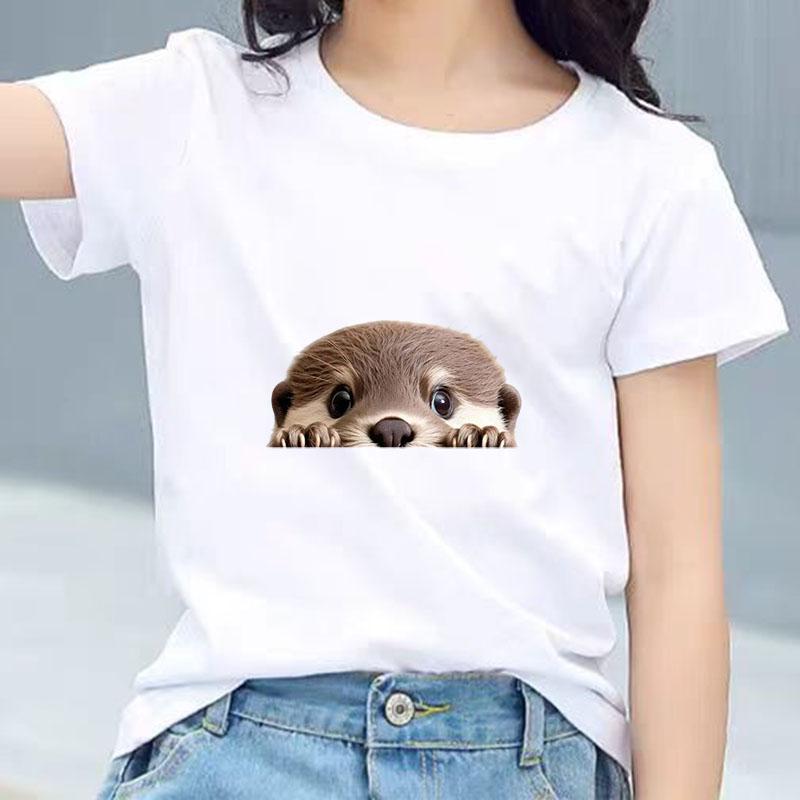 Kids Cotton T Shirt Cute Peeking Otter Print Crew Neck Short Sleeve Tee Casual Breathable Boys Girls Summer Tops