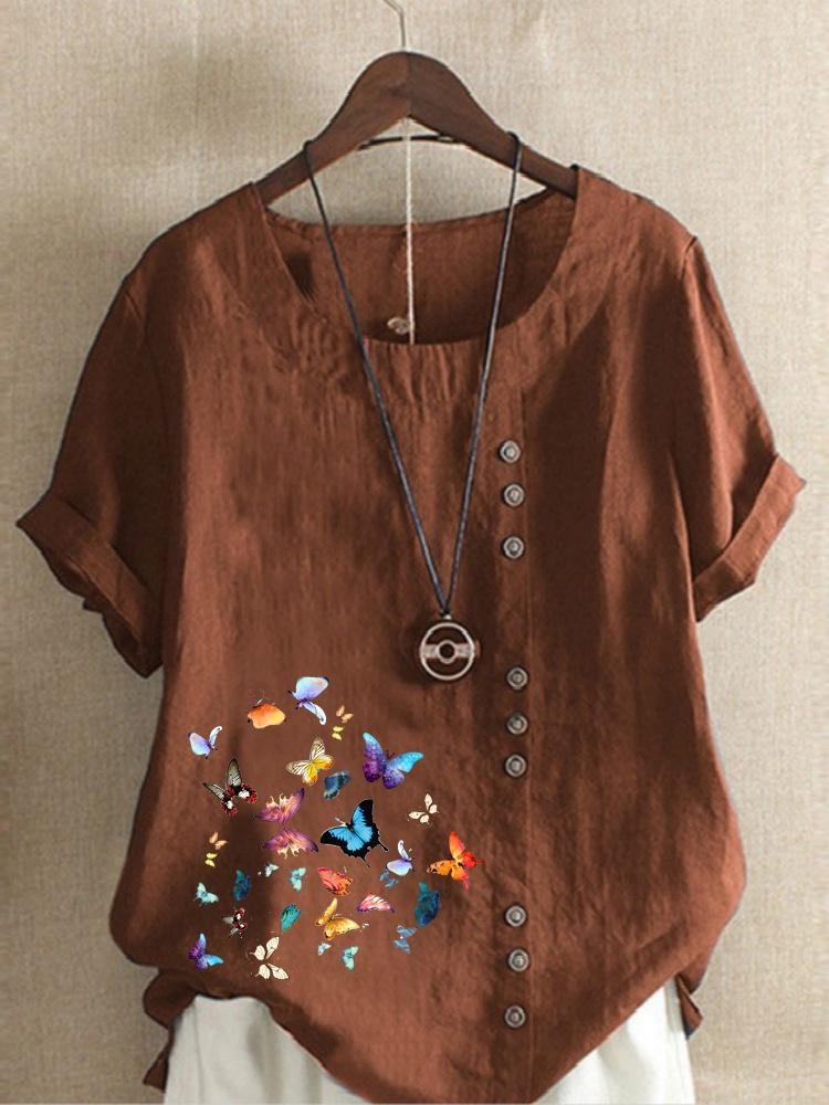 Женские топы с короткими рукавами и круглым вырезом с принтом бабочек, свободная хлопковая рубашка, повседневная блузка XS-5XL