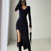 Spring and Autumn Long Sleeve Slit Sexy Dress for Women Fashion Slim Fit High Waist Long Knitted Dresses Women Elegant Retro Solid Casual Dress 25986