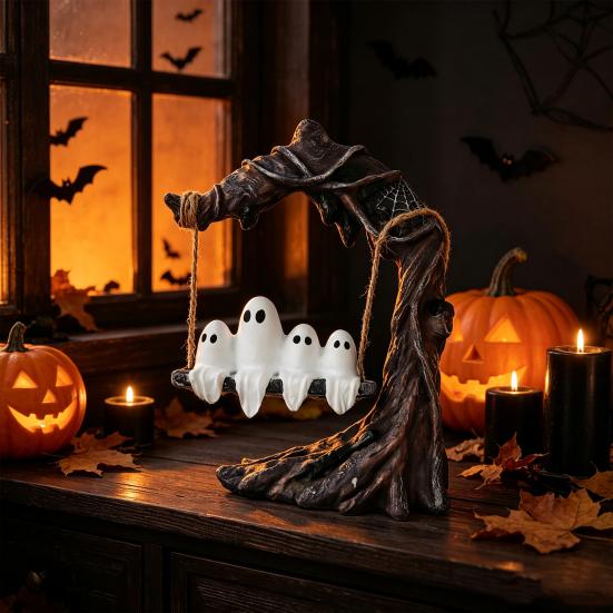 Whimsical Ghost Home Furnishings on Tree Swing Halloween Decor, Resin Spooky Figurine with Vintage Indoor And Outdoor Decor Base, Festive Party
