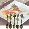 5Pcs Kitchen Dining Vintage Bronze Carved Flatware Cutlery Mini Dessert Spoon KTY