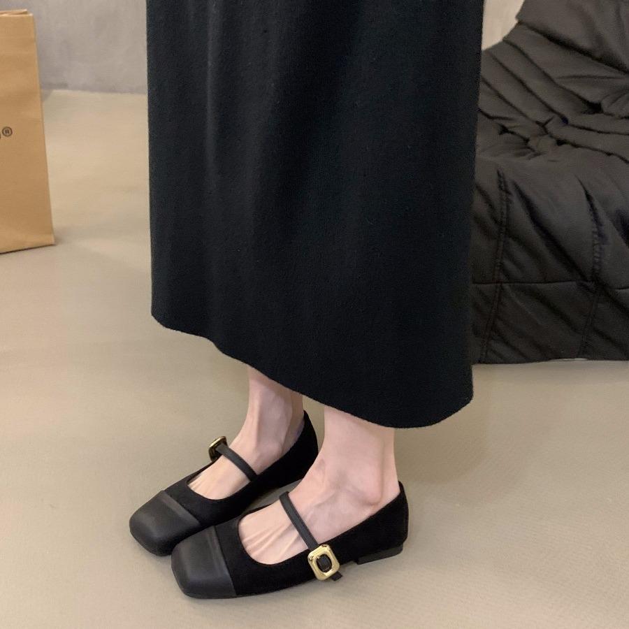 Flat Bottom Square Head Splicing Mary Jane Single Shoes Women's Shoes 2024 New Spring, Autumn and Winter French Retro Suede Evening Shoes