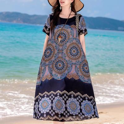 Большие размеры повседневные женские платья летние свободные короткие рукава длинные платья женские винтажные одежды