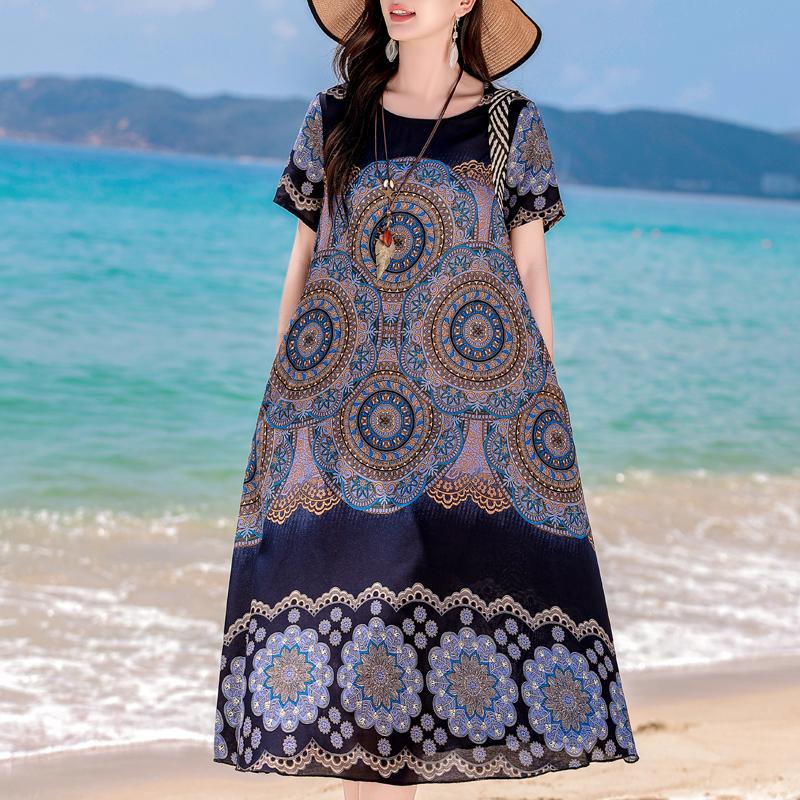 Большие размеры повседневные женские платья летние свободные короткие рукава длинные платья женские винтажные одежды