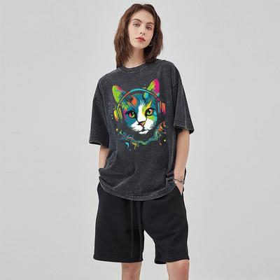 Женская футболка унисекс с коротким рукавом и принтом животных из мультфильмов, стираная джинсовая ткань в стиле ретро в стиле Харадзюку для мужчин
