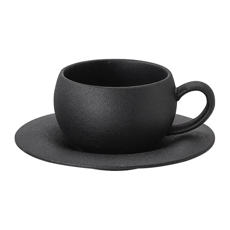 JUSTINLAU Japanese Ceramic Mug Black White Fired Stone 110/280ml Coffee Cup&Saucer Set Breakfast Milk Coffee Cup Egg-shaped Mug