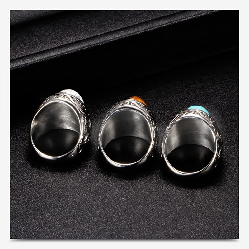 [Rockyu] ring men's brand pattern large grains onyx ellipse signet ring initial titanium party friend gift antique style accessories