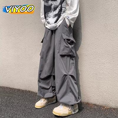 Мужские брюки-карго с высокой талией Ice Silk Slim Fit, летние спортивные брюки, повседневные широкие брюки Techwear, уличная одежда в японском стиле