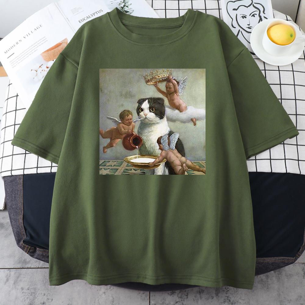 Scottish Fold Angel Crown Print Женская одежда унисекс Индивидуальные повседневные футболки с круглым вырезом All-math Loose Мужские хлопковые футболки с коротким рукавом