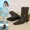Woman Short Boots  Autumn Suede Leather Square Toe Women Heel Midsole Boots Low Heel Buckle Strap Retro Botas Para Mujer