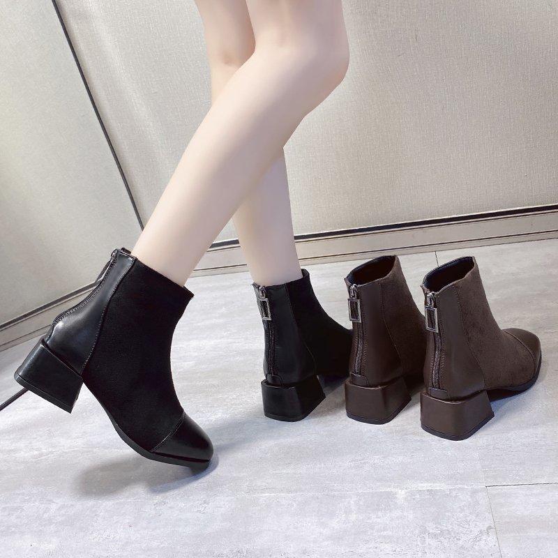 New Suede Women's Shoes 2025 Autumn and Winter Korean Version Fashion Front Zipper Middle Heel Short Boots Women's Korean Version Women's Casual Women