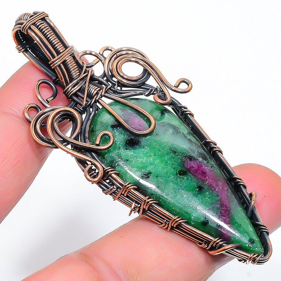 Ruby Zosite Lab-Created Handmade Copper Wire Wrap Jewelry Pendant 2.88" S0h03