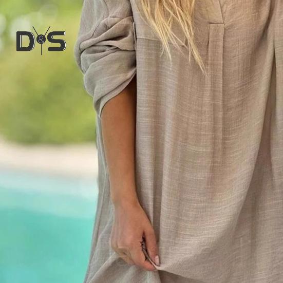 Женское пляжное платье-рубашка с запонками, тонкое свободное платье миди с разрезом по бокам, отложным воротником и длинными рукавами для повседневной носки в отпуске