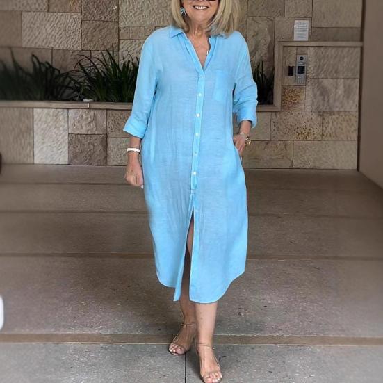 Women's Long Sleeve Button Down Shirt Dress Loose Cotton Linen V Neck Long Dress with Pockets Summer Casual Outfit