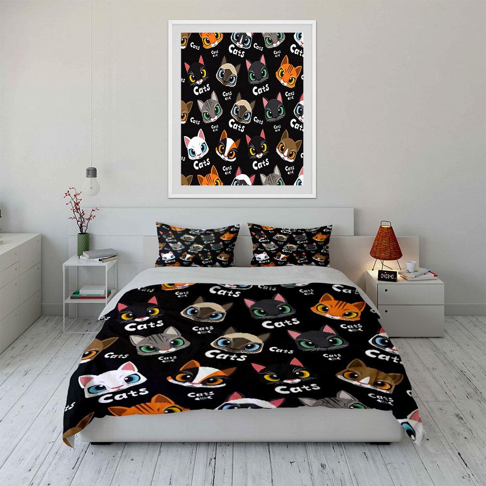Cute Cartoon Cats Pattern Bedding Duvet Cover Set Duvet Cover Pillowcases (1*Duvet Cover 2*Pillowcases, without duvet insert)