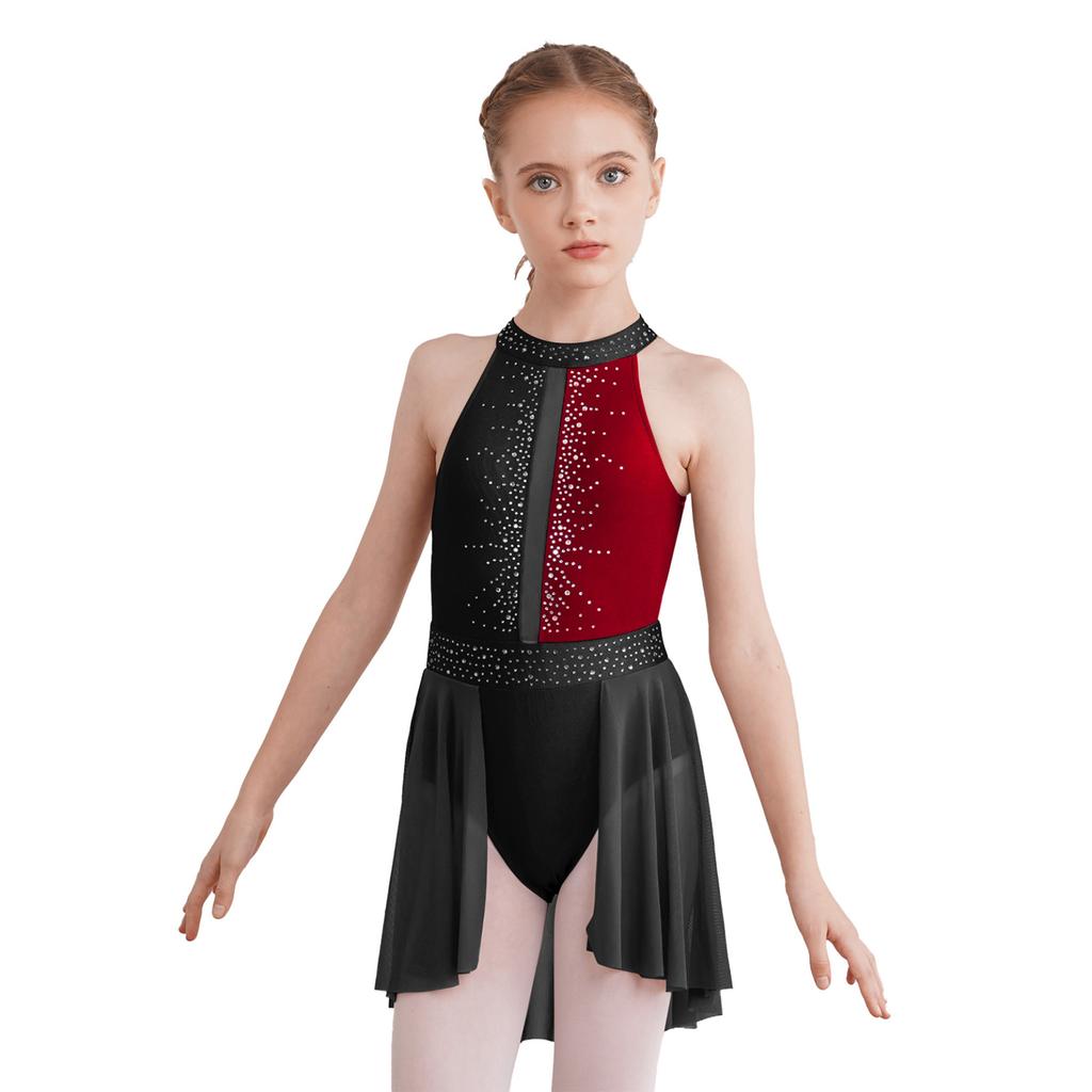 Girls Lyrical Dress Shiny Rhinestone Decor Sleeveless Irregular Hem Dance Leotard Dress Kids Dancewear