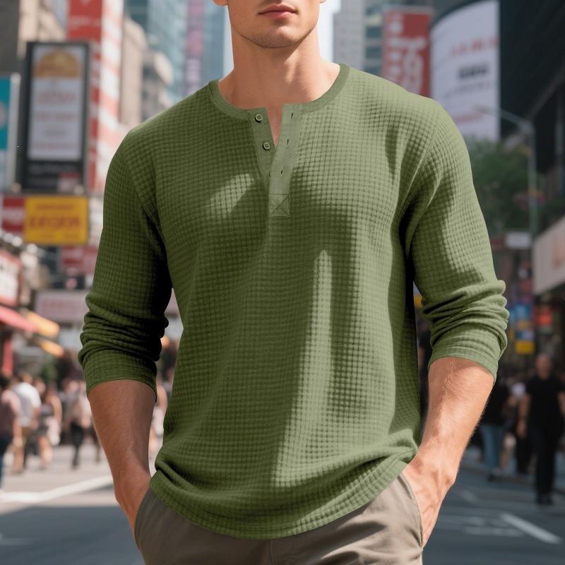 Мужская винтажная повседневная футболка-henley с длинным рукавом и жаккардом