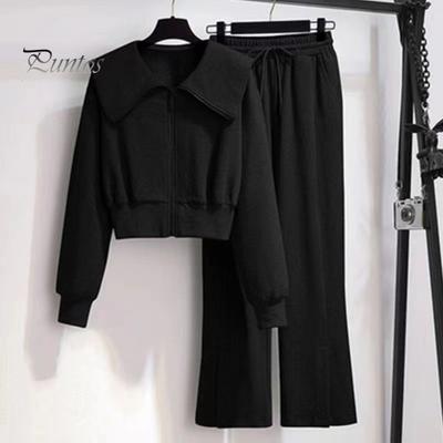 2 шт./комплект женский пиджак брюки костюм отложной воротник застежка-молния длинный рукав плотная куртка эластичный пояс широкие штанины карманы брюки зимняя спортивная одежда